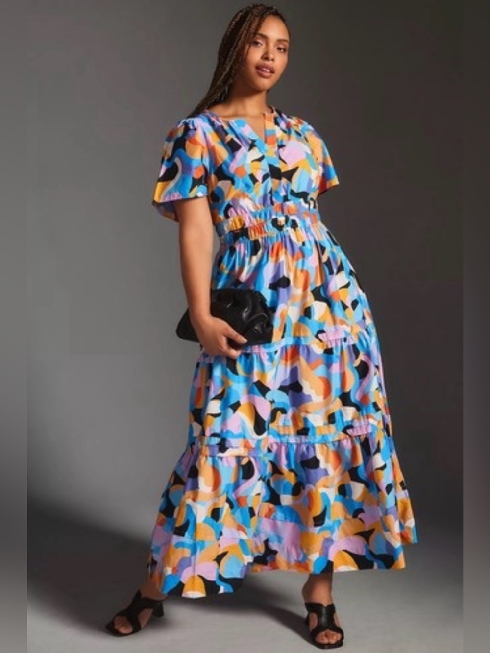 Anthropologie Somerset Tiered Maxi Dress Abstract Shapes Orange Motif Size 1X
